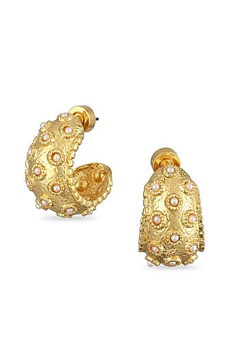 Gold Finish Cabochon Pearl Hoop Earrings