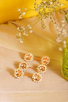 Gold Finish Pearl Brooch Pins (Set Of 3)