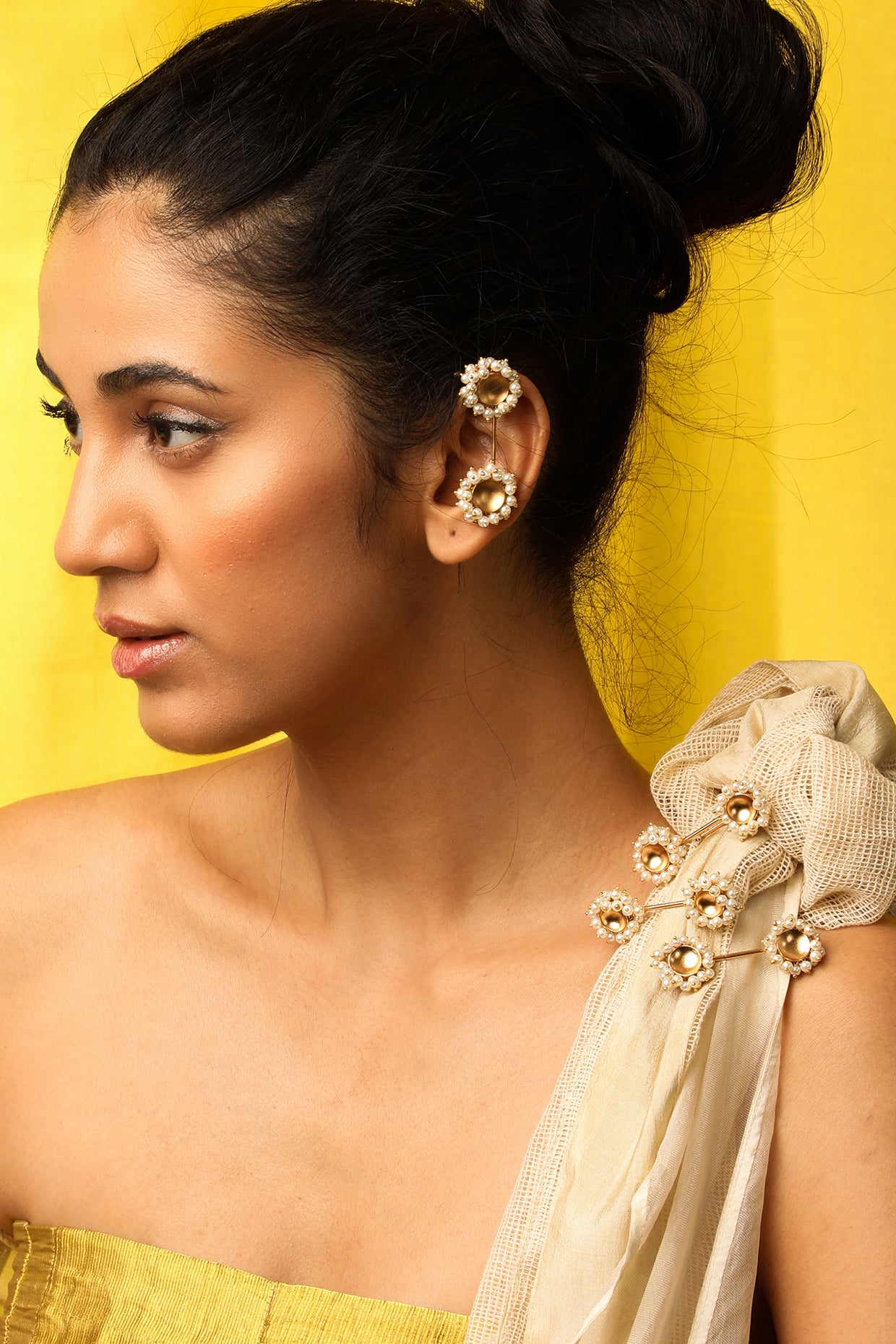 Gold Finish Pearl Brooch Pins (Set Of 3)