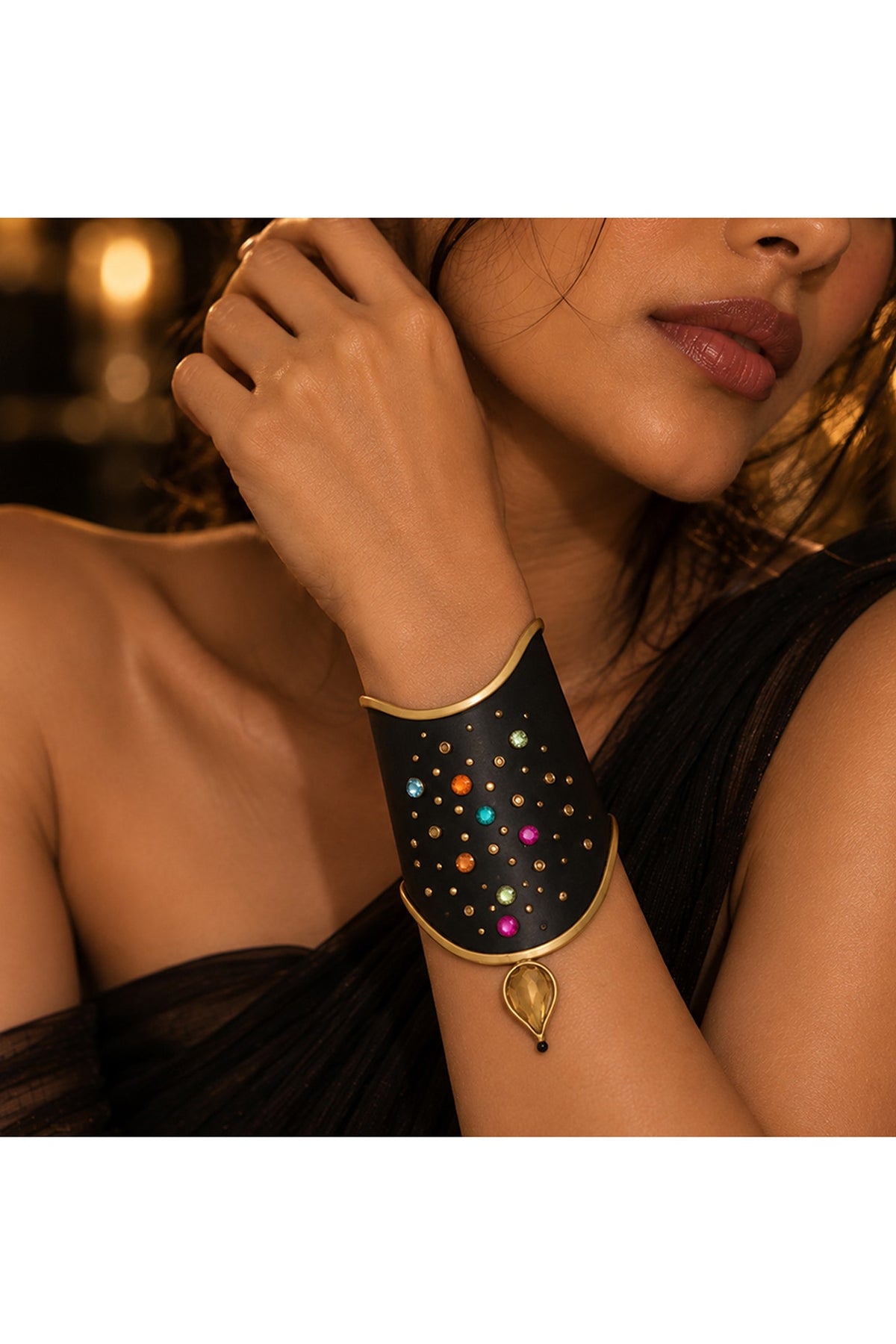 Gold Plated Multi-Colored Crystal & Cubic Zirconia Cuff Bangle