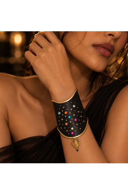 Gold Plated Multi-Colored Crystal & Cubic Zirconia Cuff Bangle