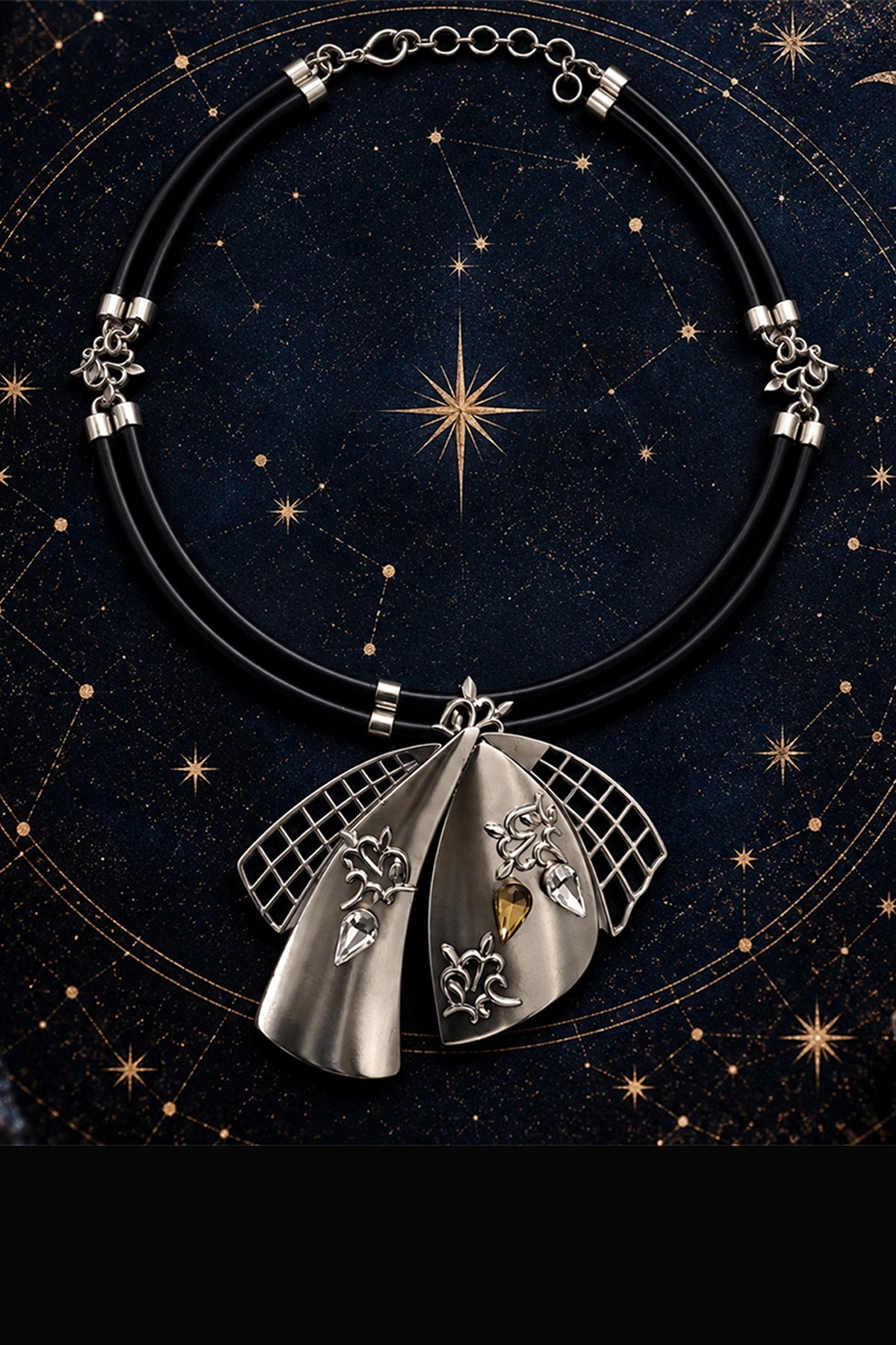 Silver Finish Crystal Sculpted Statement Necklace