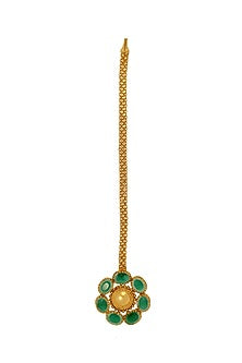 Gold Finish Green Crystal Maangtikka