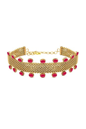 Gold Finish Pink Crystal Mesh Choker Necklace