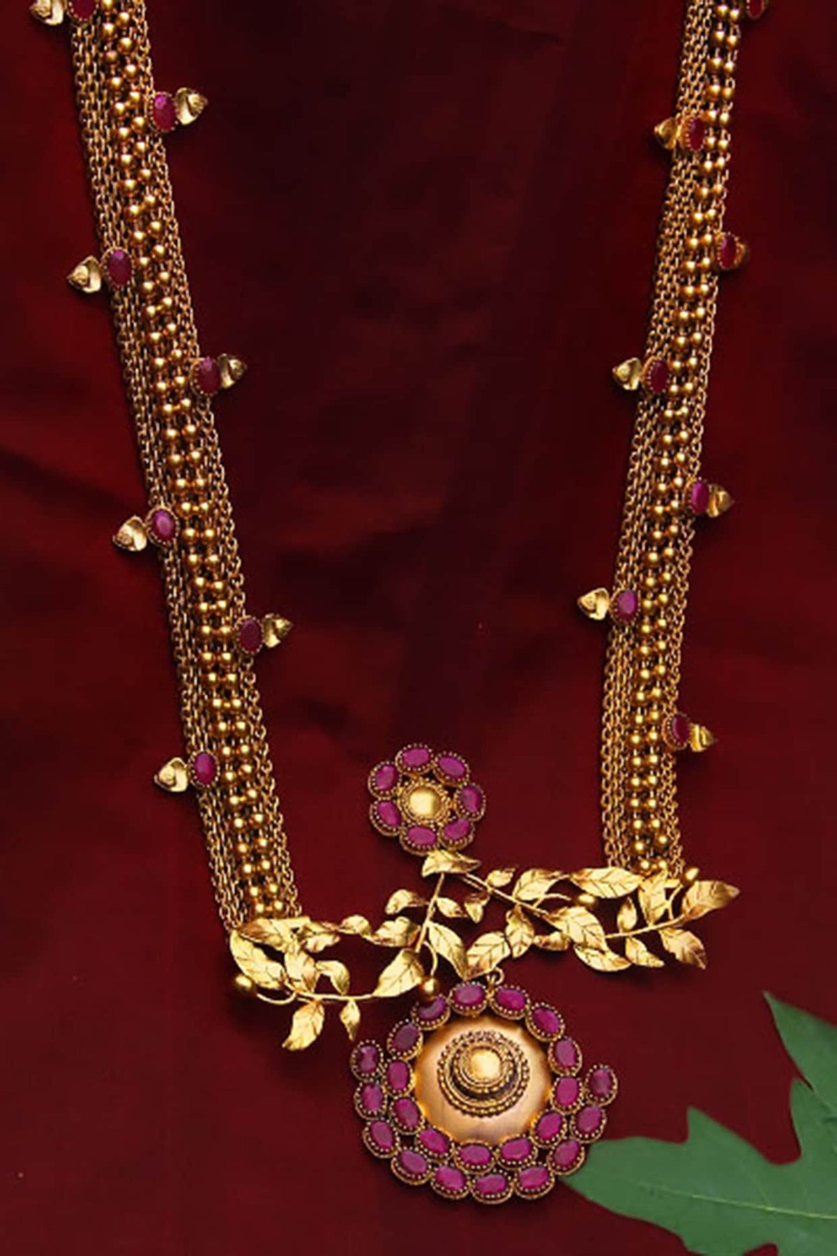 Gold Finish Pink Crystal Mesh Long Necklace