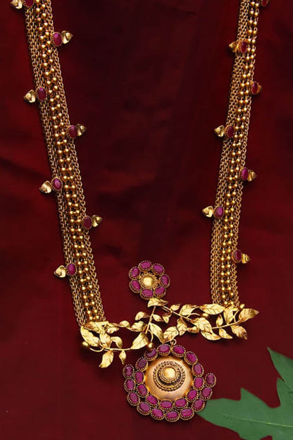 Gold Finish Pink Crystal Mesh Long Necklace