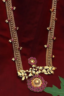 Gold Finish Pink Crystal Mesh Long Necklace