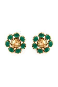 Gold Finish Green Crystal Stud Earrings