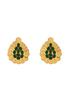 Gold Plated Ruby Green Crystal & Coin Temple Stud Earrings