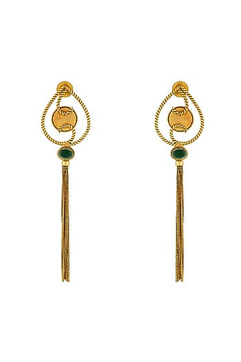 Gold Plated Green Crystal & Tassel Temple Dangler Earrings