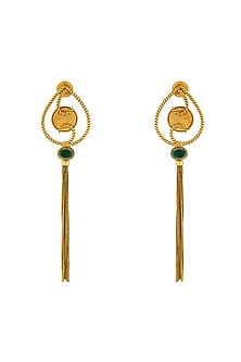 Gold Plated Green Crystal & Tassel Temple Dangler Earrings
