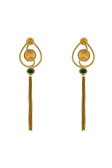 Gold Plated Green Crystal & Tassel Temple Dangler Earrings