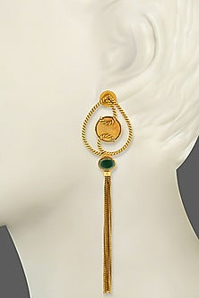 Gold Plated Green Crystal & Tassel Temple Dangler Earrings