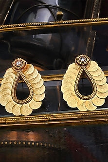 Gold Plated Crystal & Coin Temple Dangler Earrings