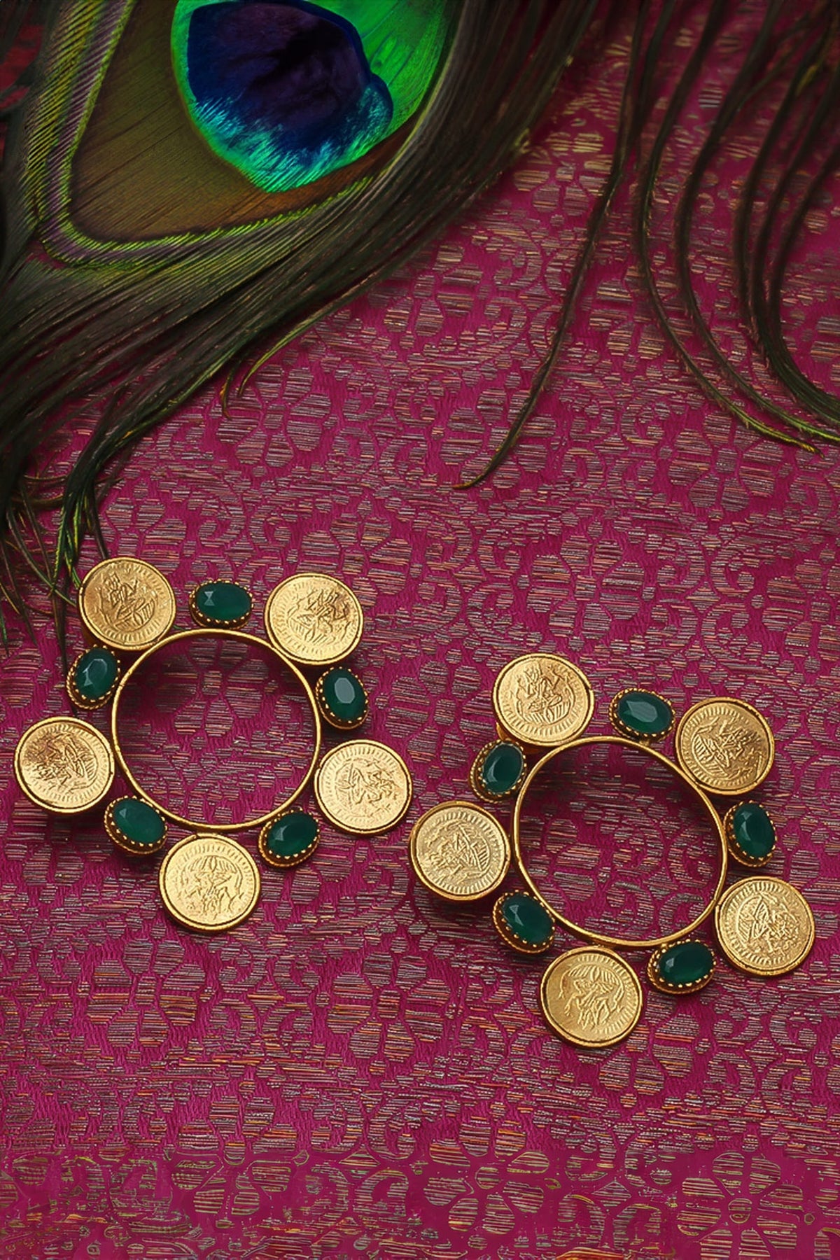 Gold Plated Green Crystal & Coin Temple Hoop Earrings