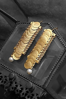 Gold Finish Coin & Pearl Temple Dangler Earrings