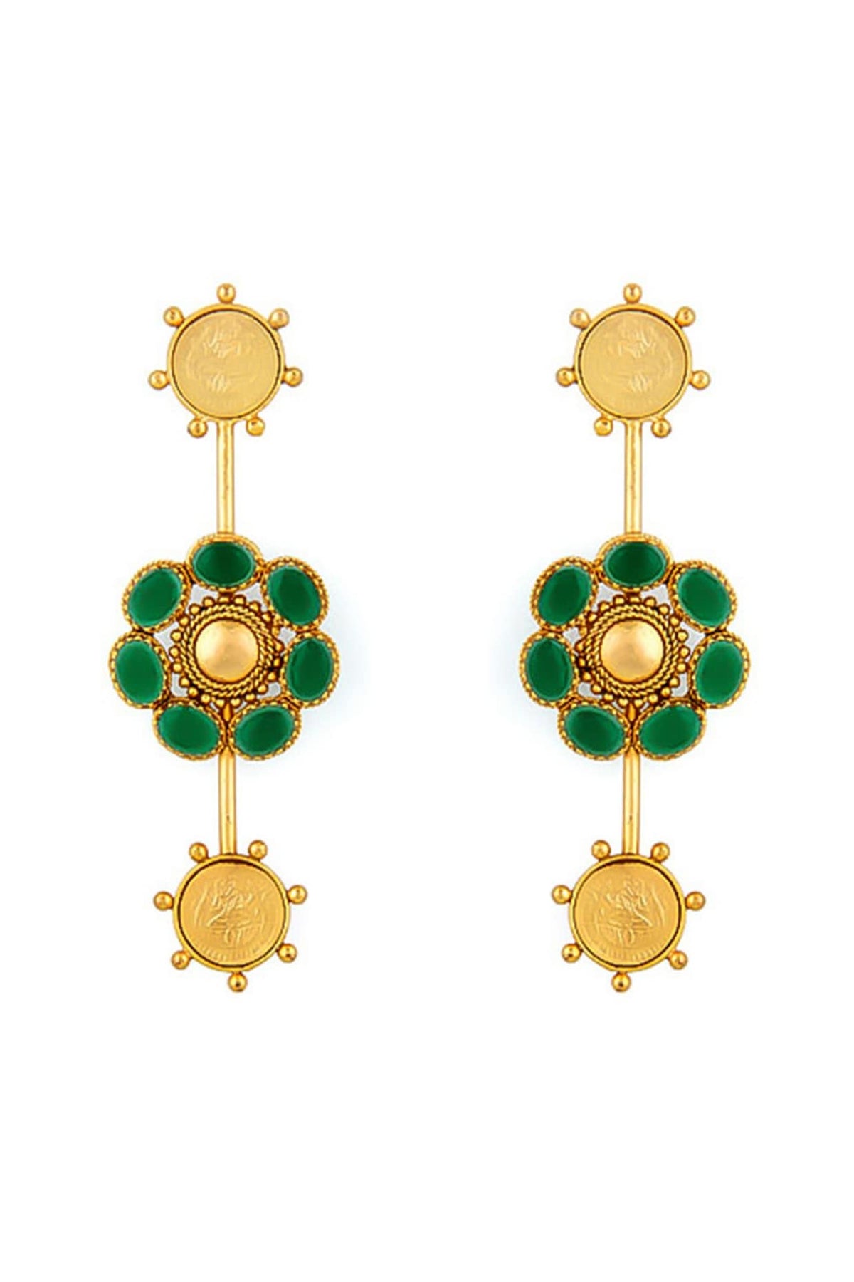 Gold Plated Green Crystal Floral Temple Dangler Earrings