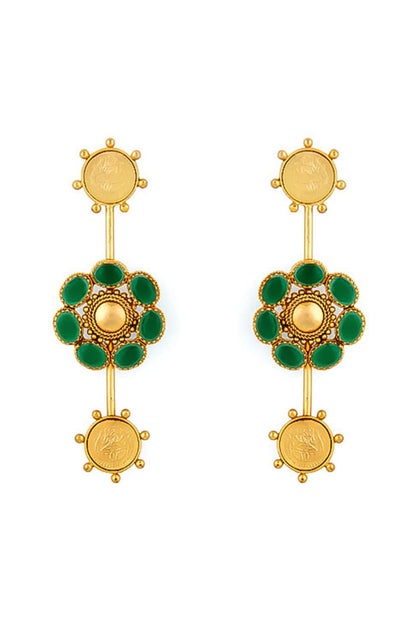 Gold Plated Green Crystal Floral Temple Dangler Earrings