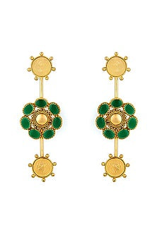 Gold Plated Green Crystal Floral Temple Dangler Earrings