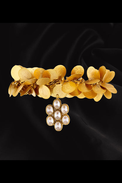 Gold Plated Coin & Crystal Charm Temple Bracelet