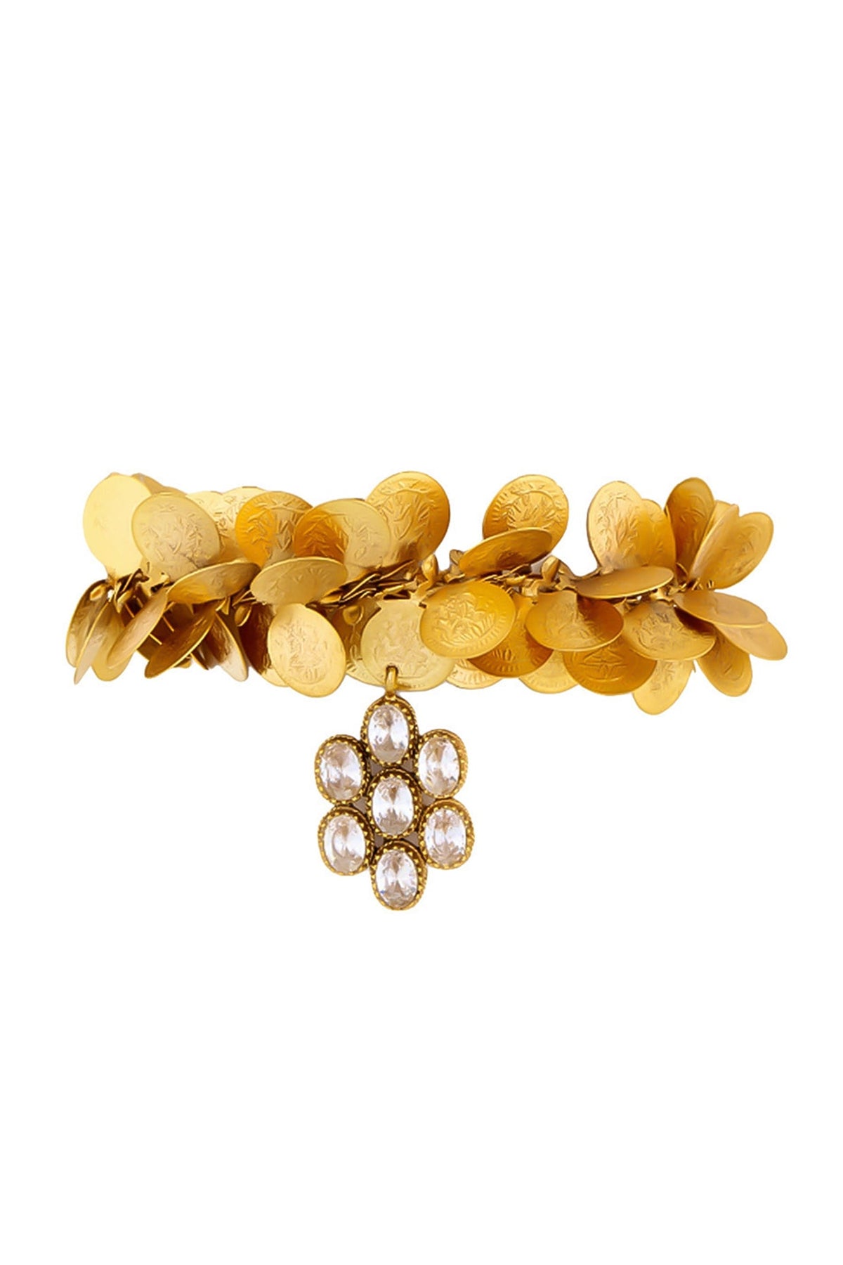 Gold Plated Coin & Crystal Charm Temple Bracelet
