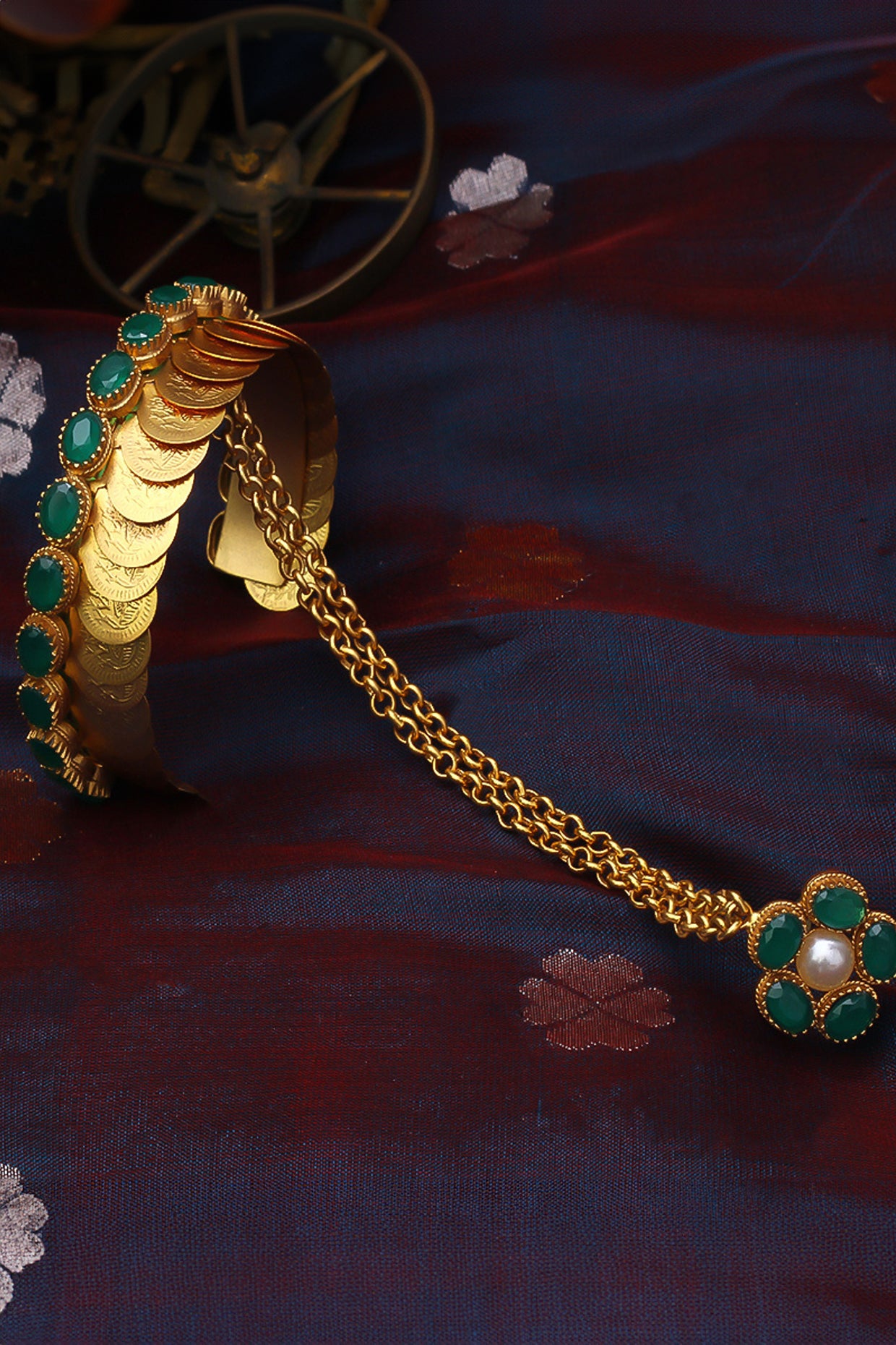 Gold Plated Coin & Emerald Green Crystal Hathphool