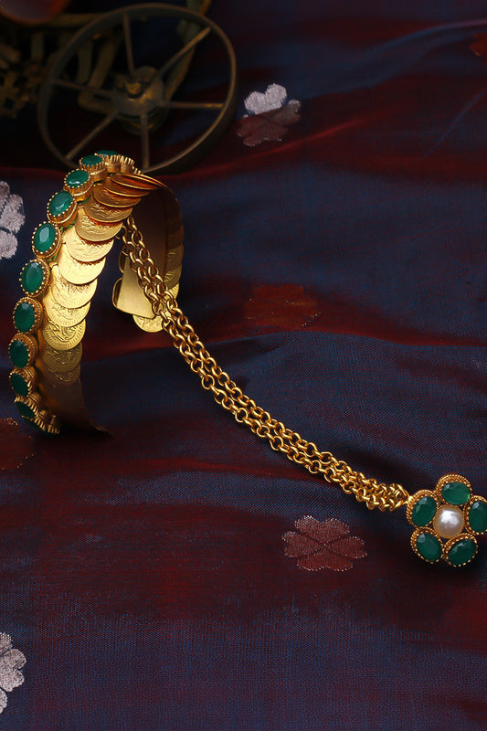 Gold Plated Coin & Emerald Green Crystal Hathphool