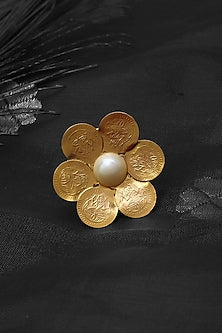 Gold Plated Coin & Pearl Temple Floral Ring
