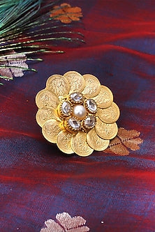 Gold Plated Embossed Coin & Pearl Temple Floral Ring