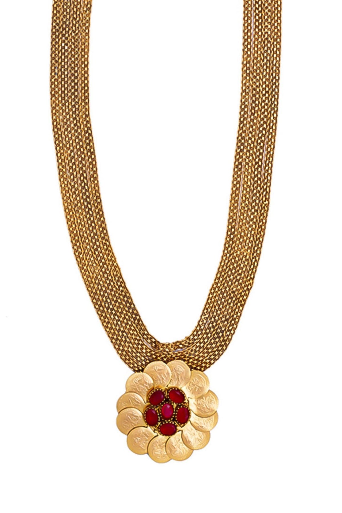 Gold Plated Coin & Red Crystal Temple Pendant Necklace