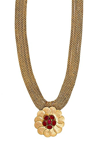 Gold Plated Coin & Red Crystal Temple Pendant Necklace