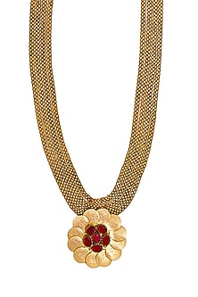 Gold Plated Coin & Red Crystal Temple Pendant Necklace