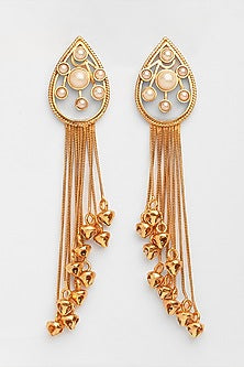 Gold Plated Pearl Cluster & Ghungroo Tassel Chain Earrings