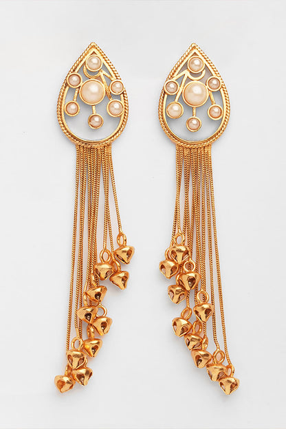 Gold Plated Pearl Cluster & Ghungroo Tassel Chain Earrings