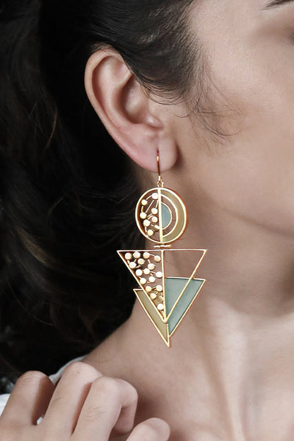 Gold Plated Dotted Acrylic Work Circular & Triangular Drop Earrings