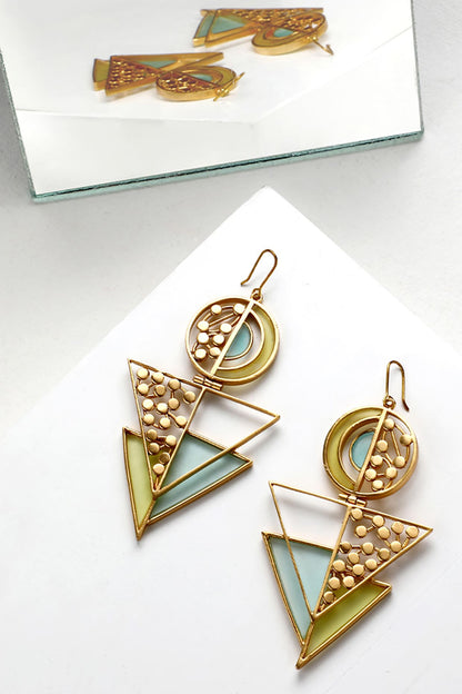 Gold Plated Dotted Acrylic Work Circular & Triangular Drop Earrings