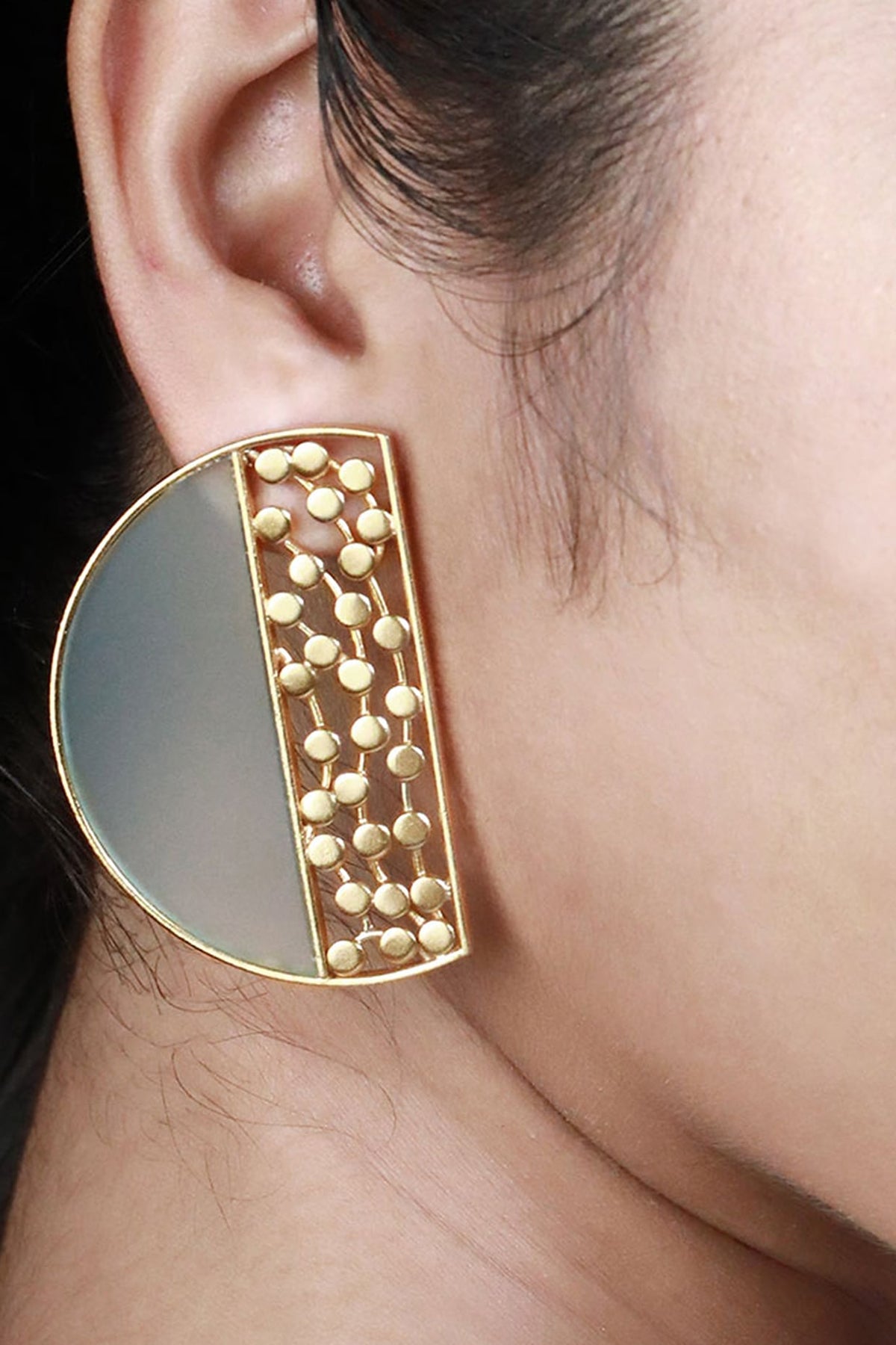 Gold Plated Cyan Blue Acrylic Work Semi-Circular Stud Earrings