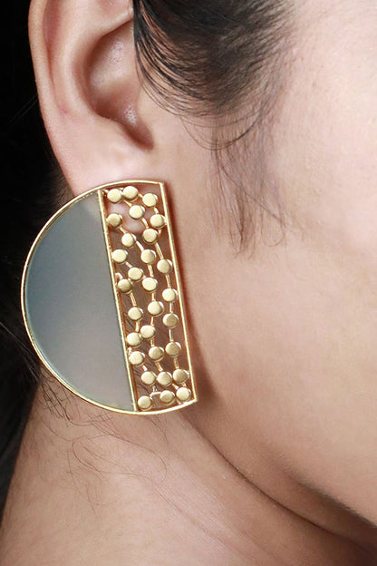 Gold Plated Cyan Blue Acrylic Work Semi-Circular Stud Earrings