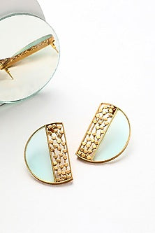 Gold Plated Cyan Blue Acrylic Work Semi-Circular Stud Earrings