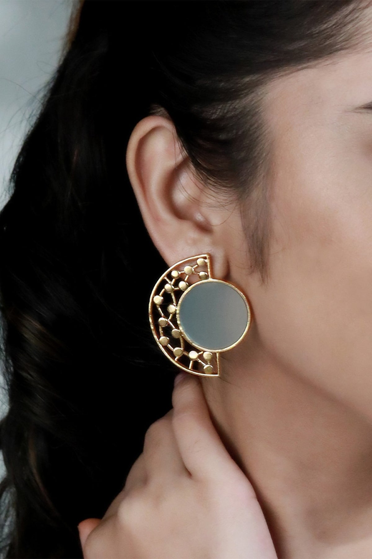 Gold Plated Cyan Blue Acrylic Work Circular Arc Earrings