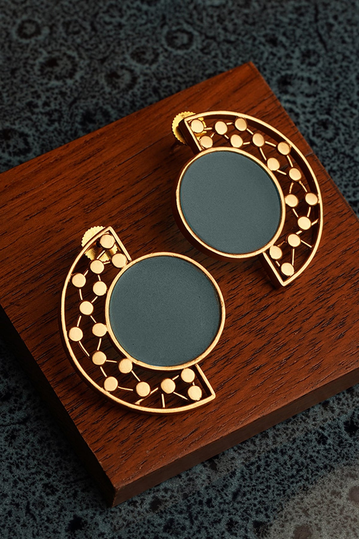 Gold Plated Cyan Blue Acrylic Work Circular Arc Earrings