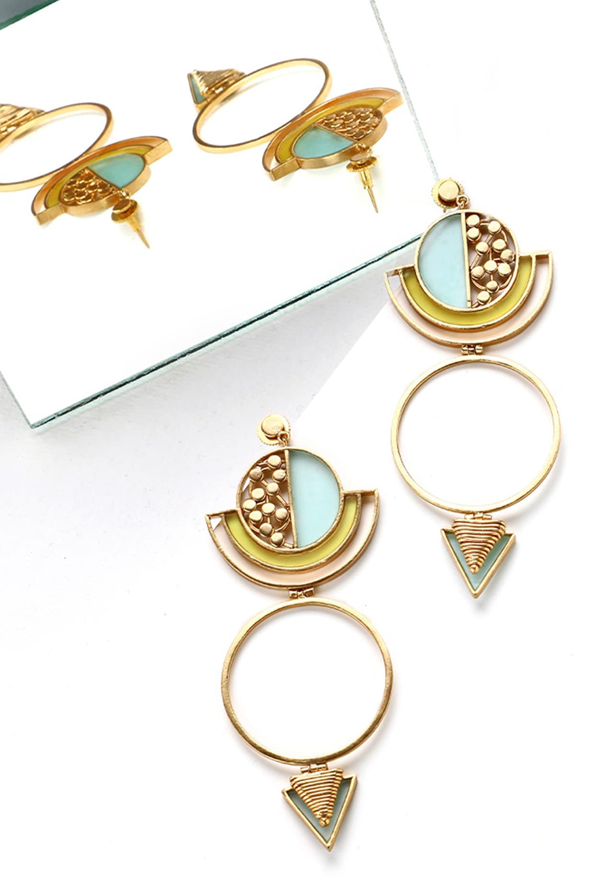 Gold Plated Acrylic Work Circular Drop Earrings