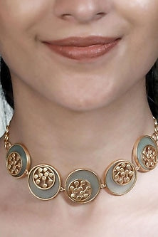 Gold Plated Cyan Blue Acrylic Work Choker Necklace