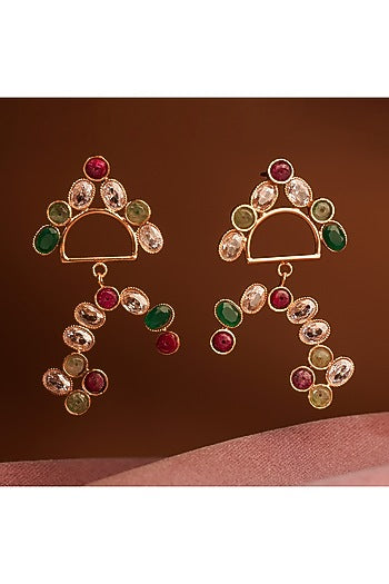 Gold Plated Emerald & Ruby Rainbow Dangler Earrings