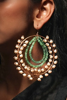Gold Plated Pearl & Emerald Double Loop Hoop Earrings