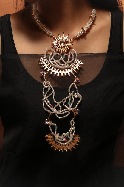Gold Plated Emerald & Ruby Sunburst Pendant Necklace