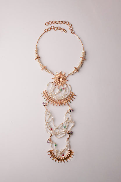 Gold Plated Emerald & Ruby Sunburst Pendant Necklace
