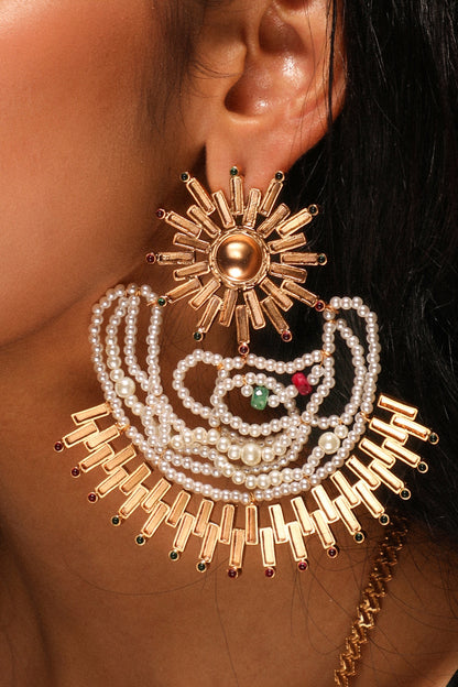 Gold Plated Ruby & Emerald Sun Beam Dangler Earrings