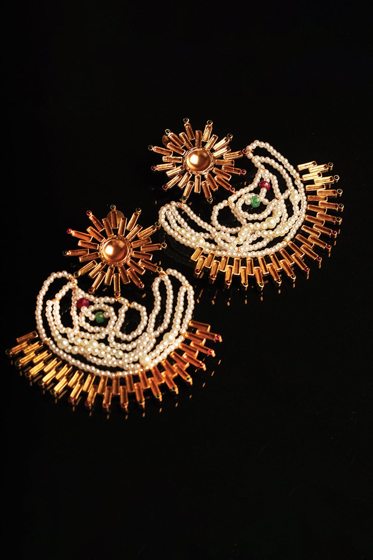 Gold Plated Ruby & Emerald Sun Beam Dangler Earrings