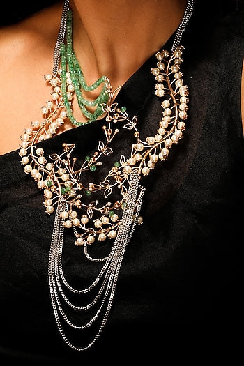 Gold Plated Pearl & Emerald Beaded Layered Necklace